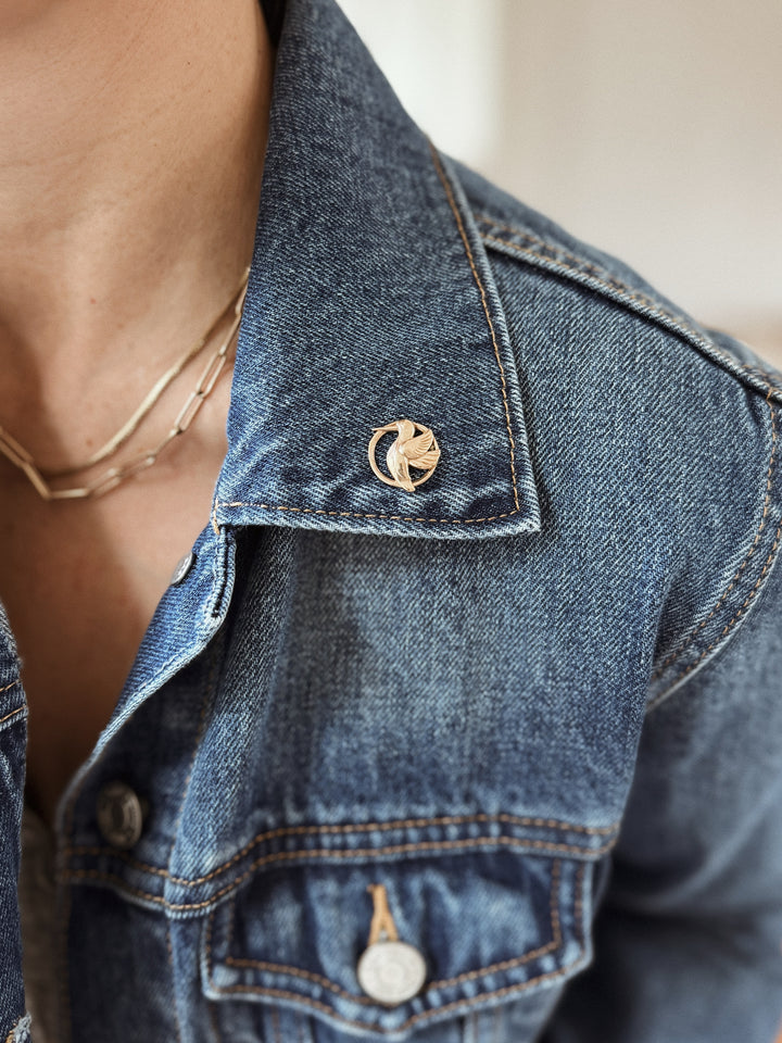 Person Wears MIMOSA Handcrafted Bronze Hummingbird Pin