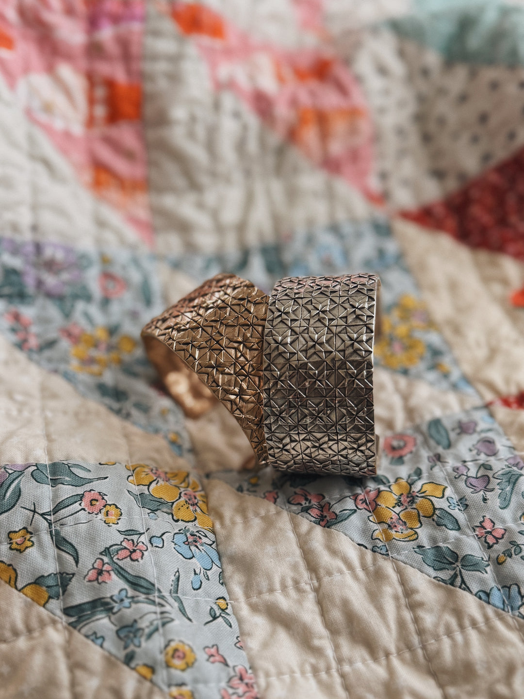 Handmade quilt square bracelets in bronze and sterling silver