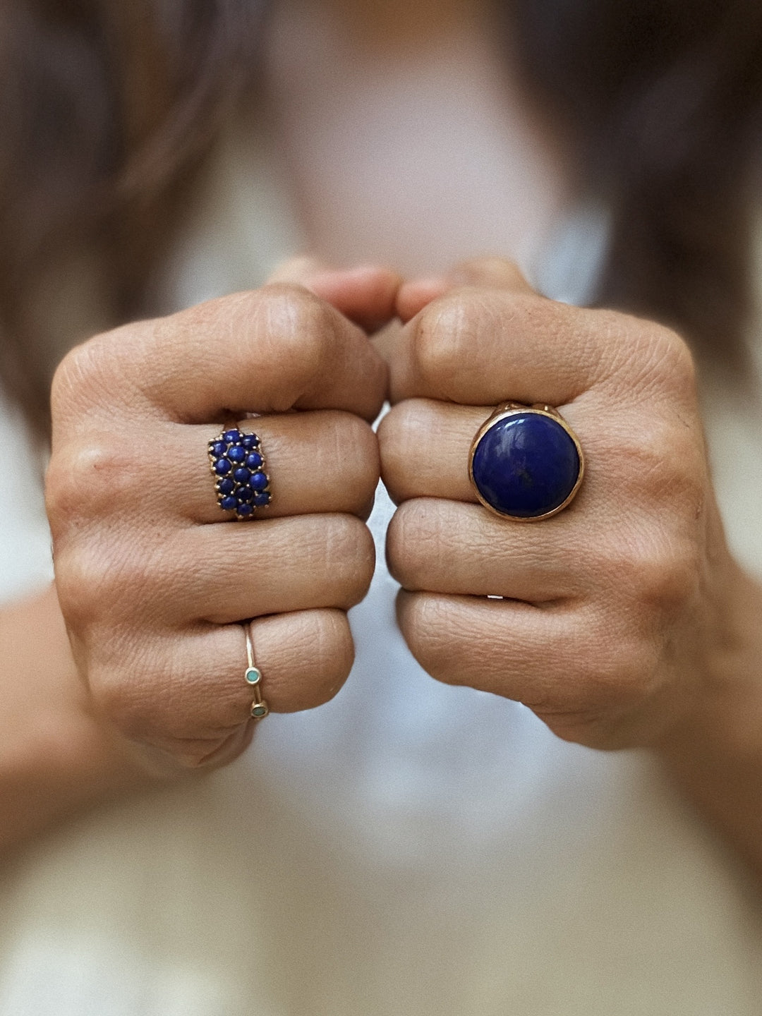 MIMOSA Handcrafted Bronze 13 Stone Lapis Ring and Lapis Mother Tree Ring