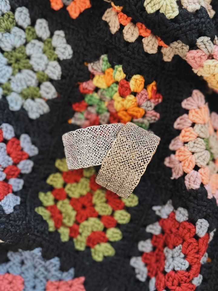 Handmade granny square bracelets in bronze and sterling silver