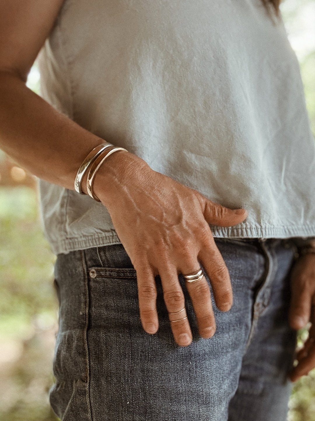 MIMOSA Handcrafted Thin Dome Bracelet and Rings in Bronze
