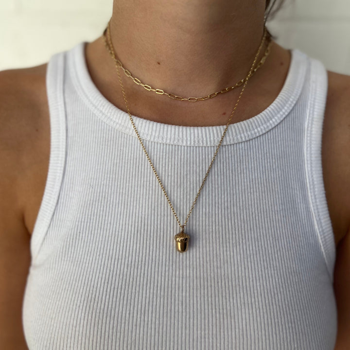 Woman Wearing Handcrafted Acorn Pendant Necklace