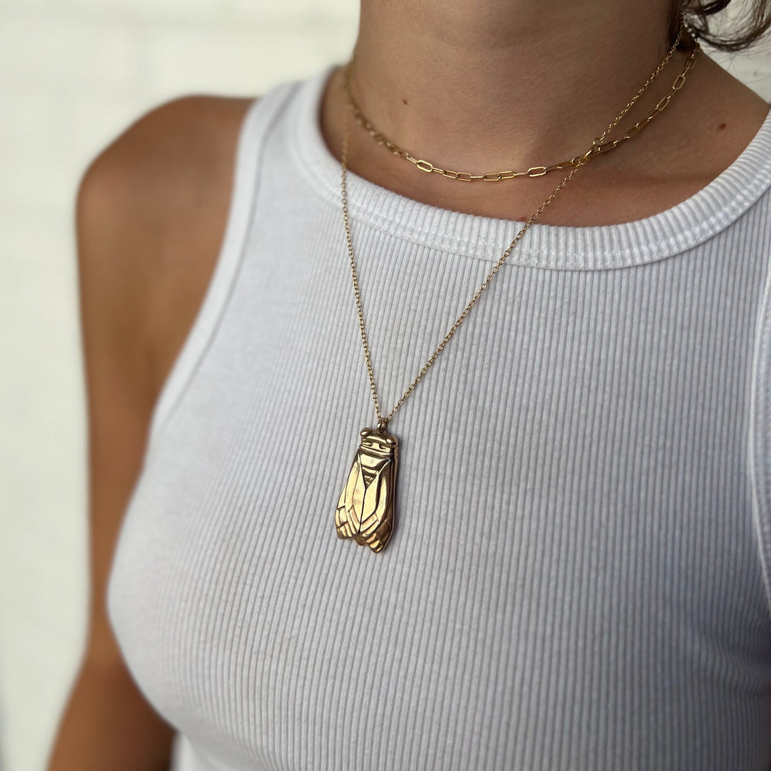 Woman Wearing Handcrafted Cicada Pendant Necklace