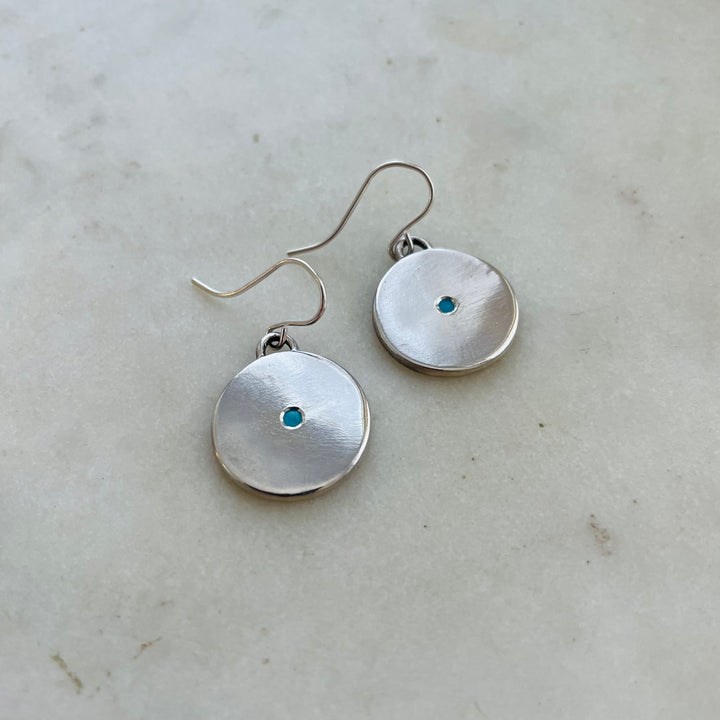 Handmade Sterling Silver Minimal Circle Earrings with Small Turquoise Stone in the Center