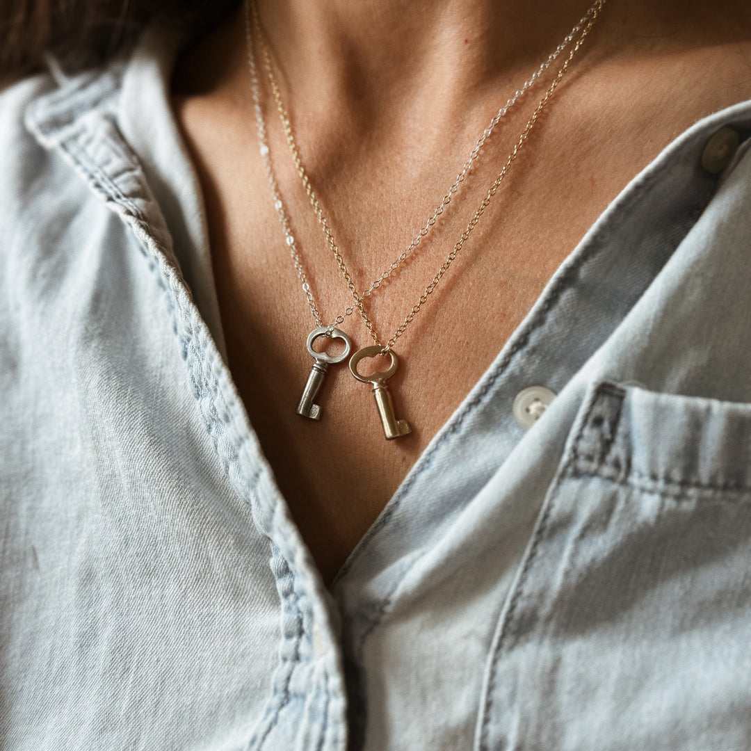 Person Wears the MIMOSA Handcrafted Key Pendant in Sterling Silver and Bronze