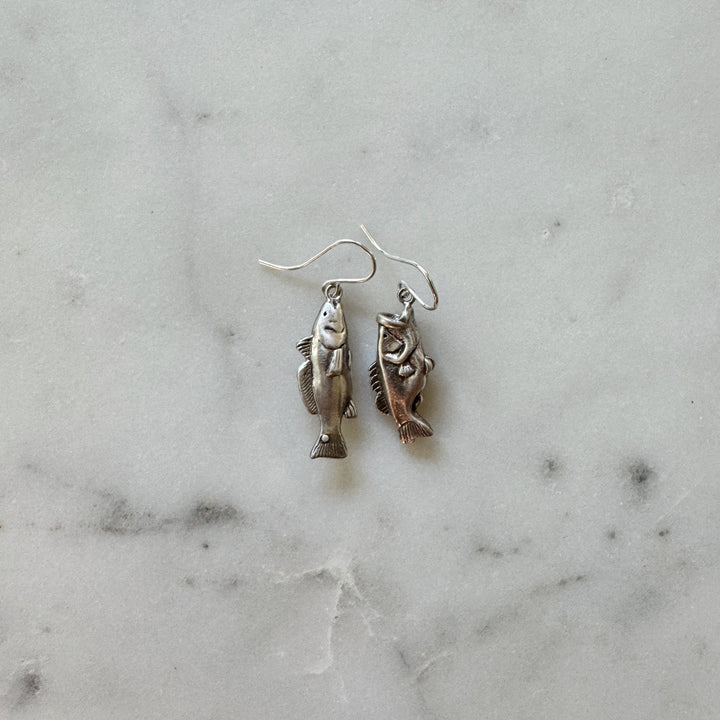 MIMOSA Handcrafted Redfish and Largemouth Bass Fish Earrings in Sterling Silver
