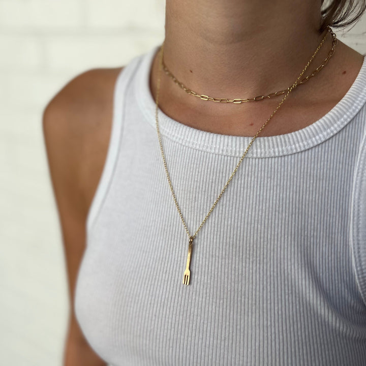 Woman Wearing Handcrafted Fork Pendant Necklace