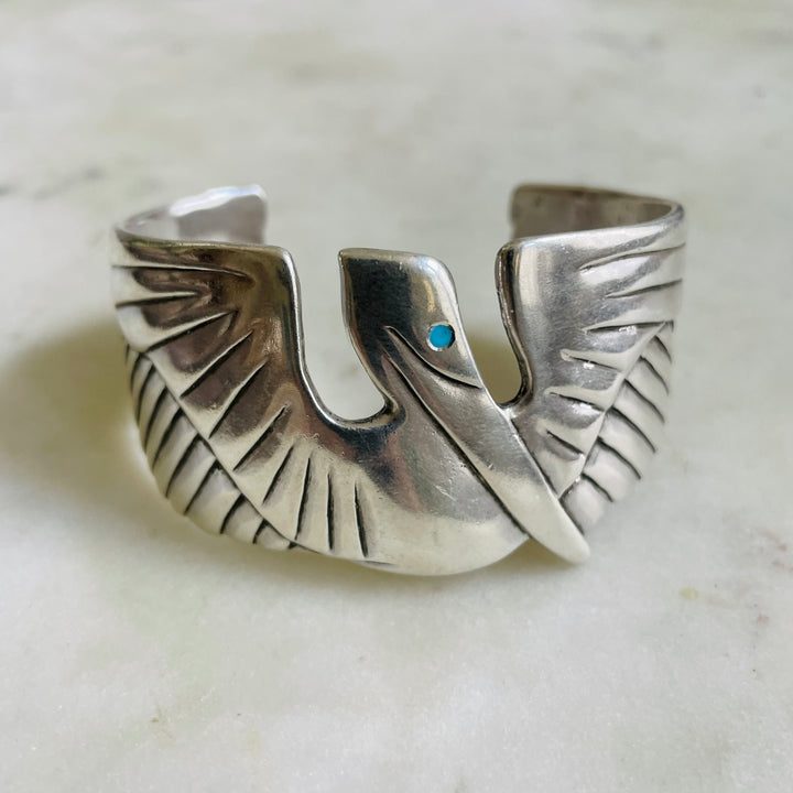 Handmade Sterling Silver Pelican Cuff Bracelet with Turquoise Eye