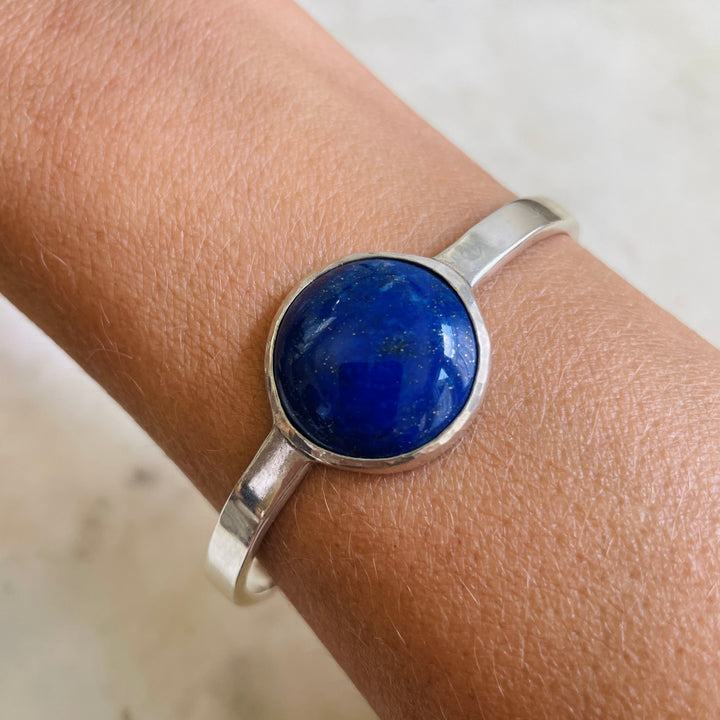 Woman Wearing Sterling Silver Bracelet with Blue Lapis Stone