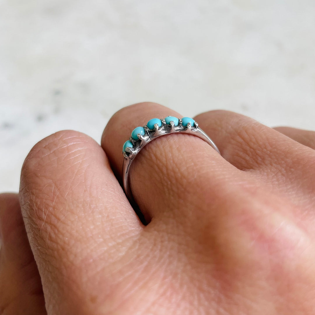 Woman Wearing Handmade Sterling Silver 5 Turquoise Stone Margaret Ring