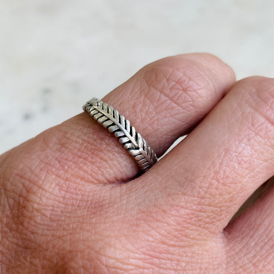Woman Wearing Handmade Sterling Silver Mimosa Sprig Ring
