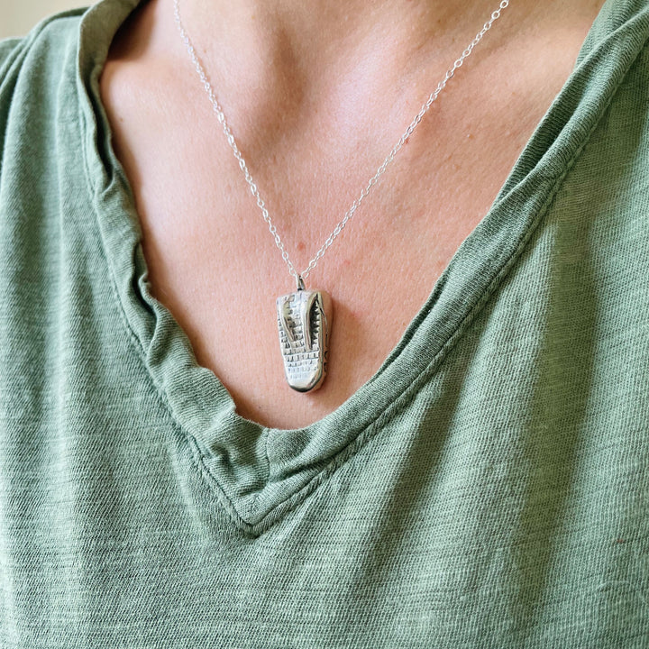 Woman Wearing Handmade Sterling Silver Alligator Head Necklace