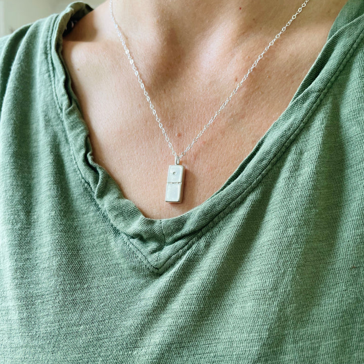 Woman Wearing Handmade Sterling Silver Domino Pendant Necklace