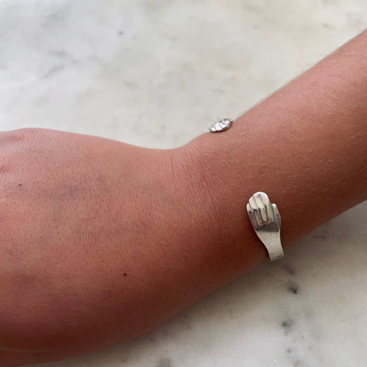 Handmade Sterling Silver Child Sized Hug Cuff Bracelet Worn By A Nine Year Old Girl