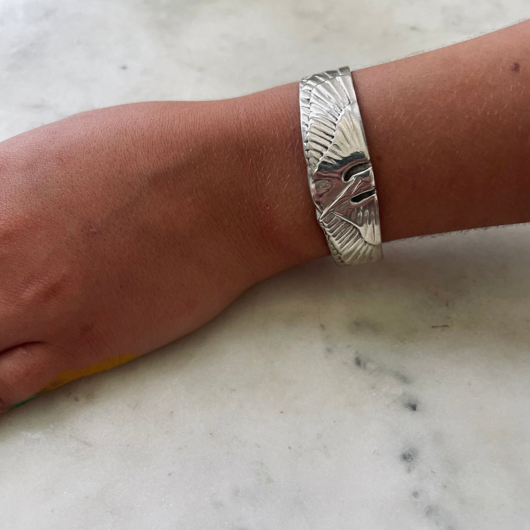 Handmade Sterling Silver Child Sized Pelican Cuff Bracelet Worn By A Nine Year Old Girl