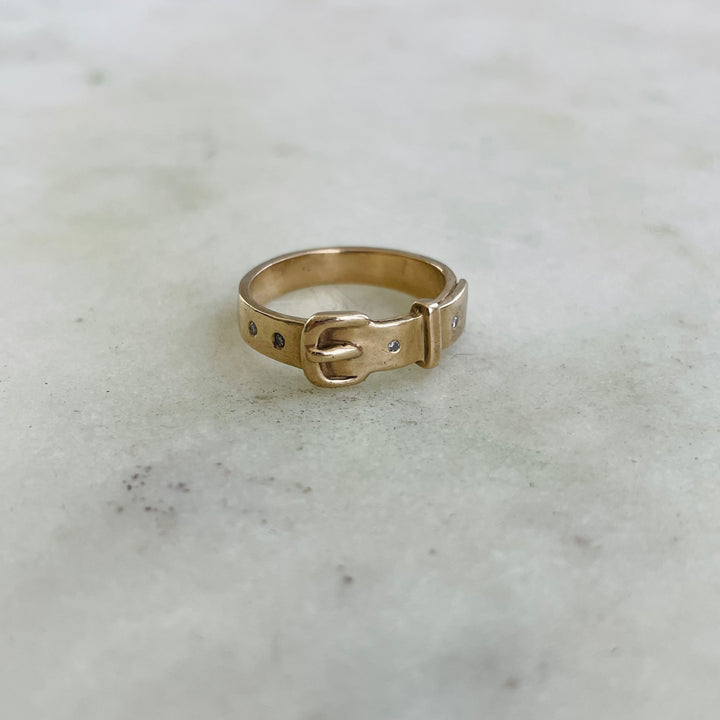 Handcrafted 14K Solid Yellow Gold Belt Ring With Four Small Diamonds