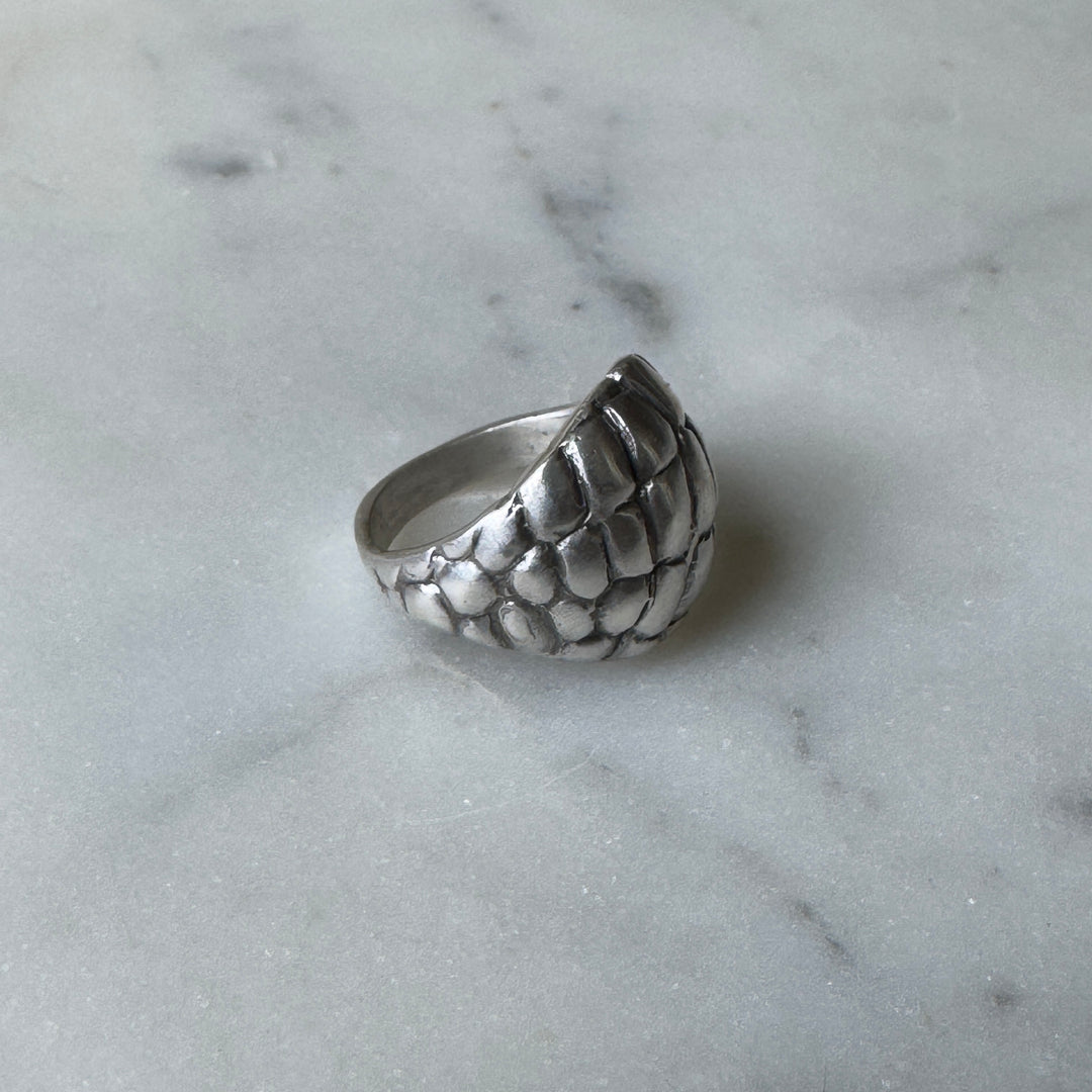 Side View of Handmade Sterling Silver Alligator Skin Ring