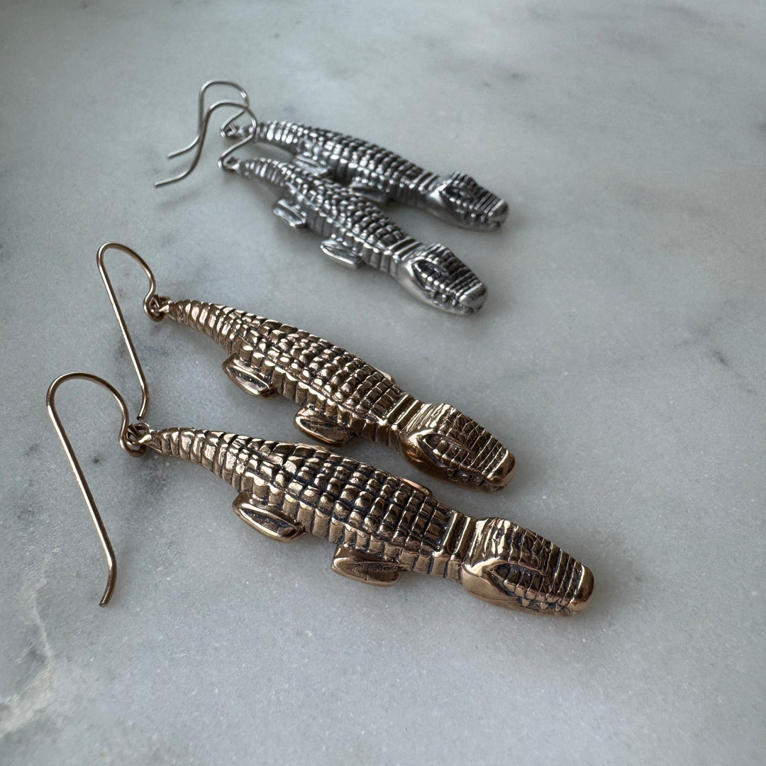 Handmade Bronze and Sterling Silver Alligator Earrings