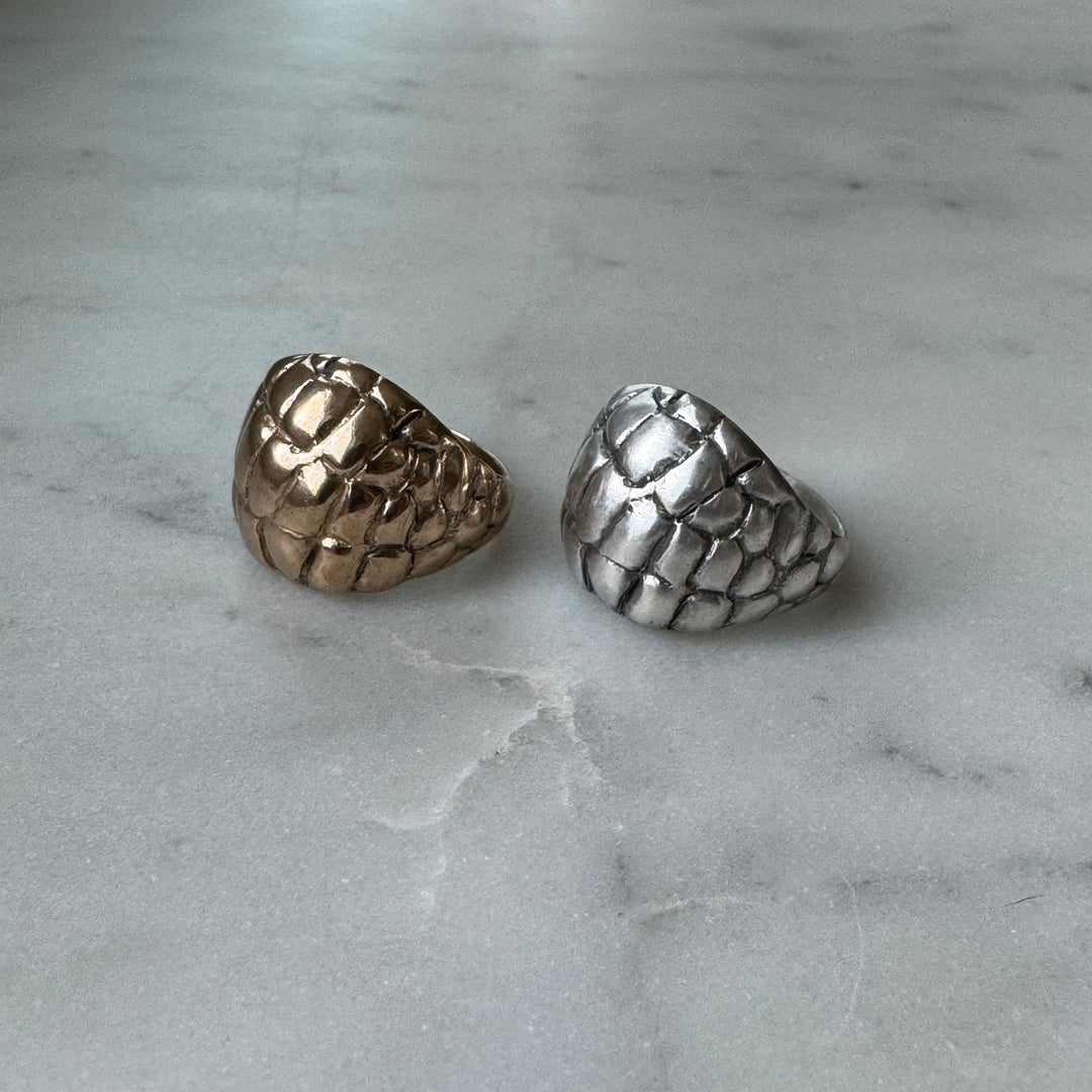 Side View of Handmade Bronze and Sterling Silver Alligator Skin Ring