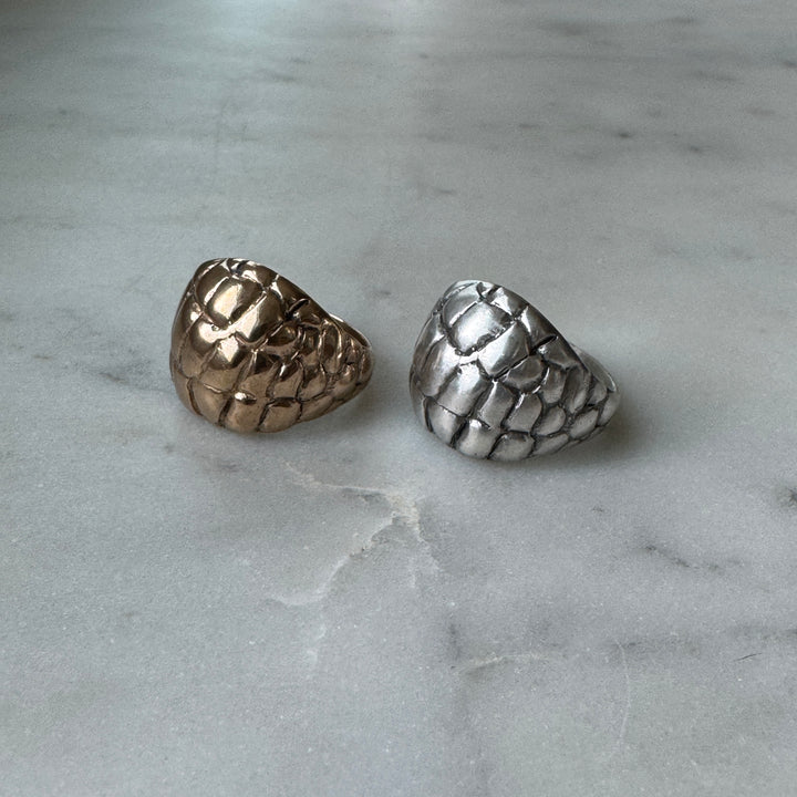 Side View of Handmade Bronze and Sterling Silver Alligator Skin Ring