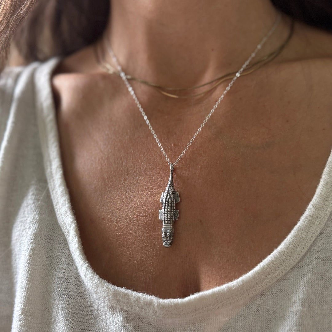 Woman Wearing Handcrafted Sterling Silver Alligator Pendant Necklace