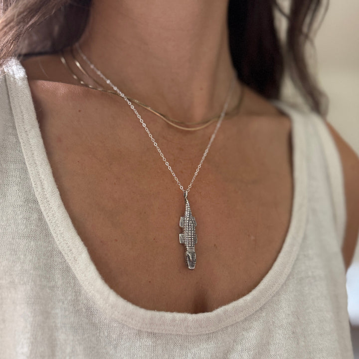Woman Wearing Handcrafted Sterling Silver Alligator Pendant Necklace