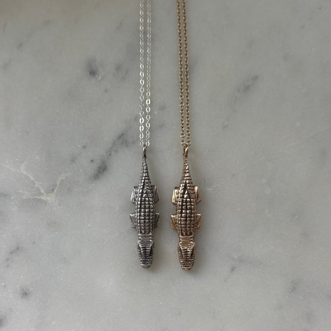 Handmade Bronze and Sterling Silver Alligator Pendant Necklace