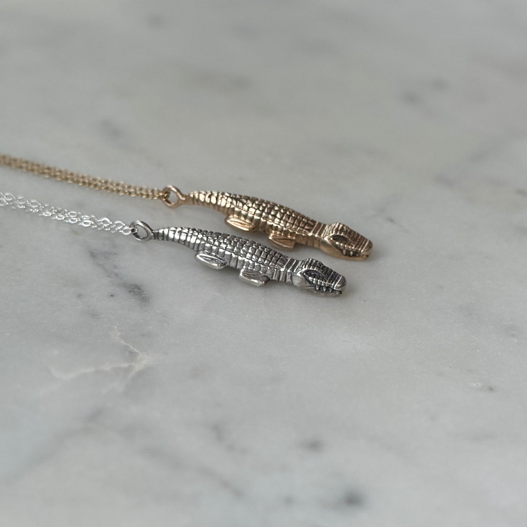 Handmade Bronze and Sterling Silver Alligator Pendant Necklace