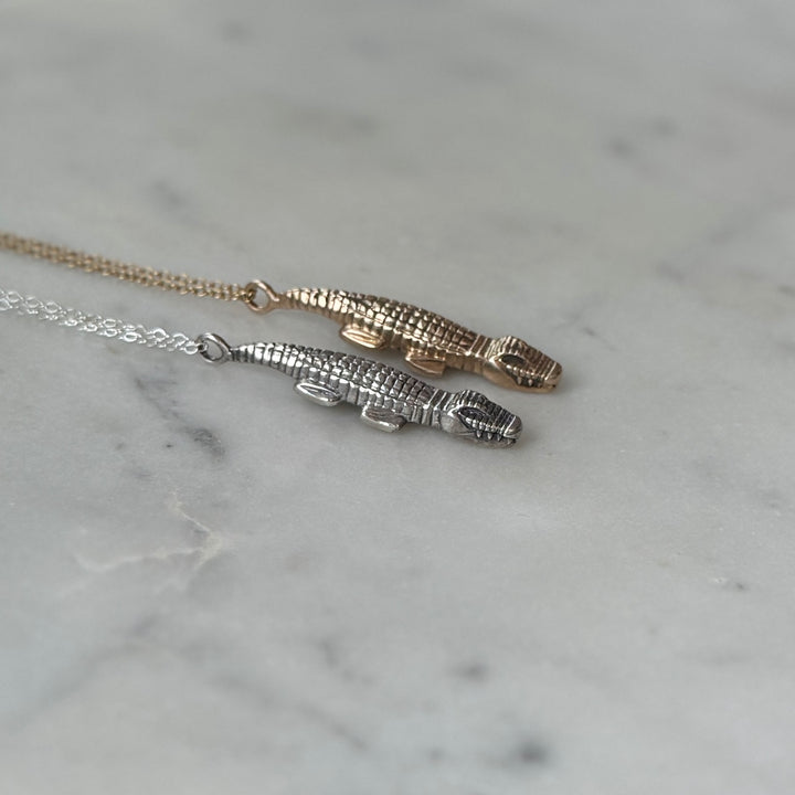Handmade Bronze and Sterling Silver Alligator Pendant Necklace