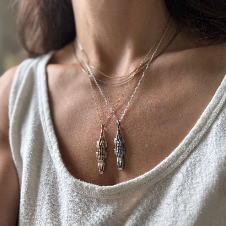 Woman Wearing Handcrafted Bronze Sterling Silver Alligator Pendant Necklace