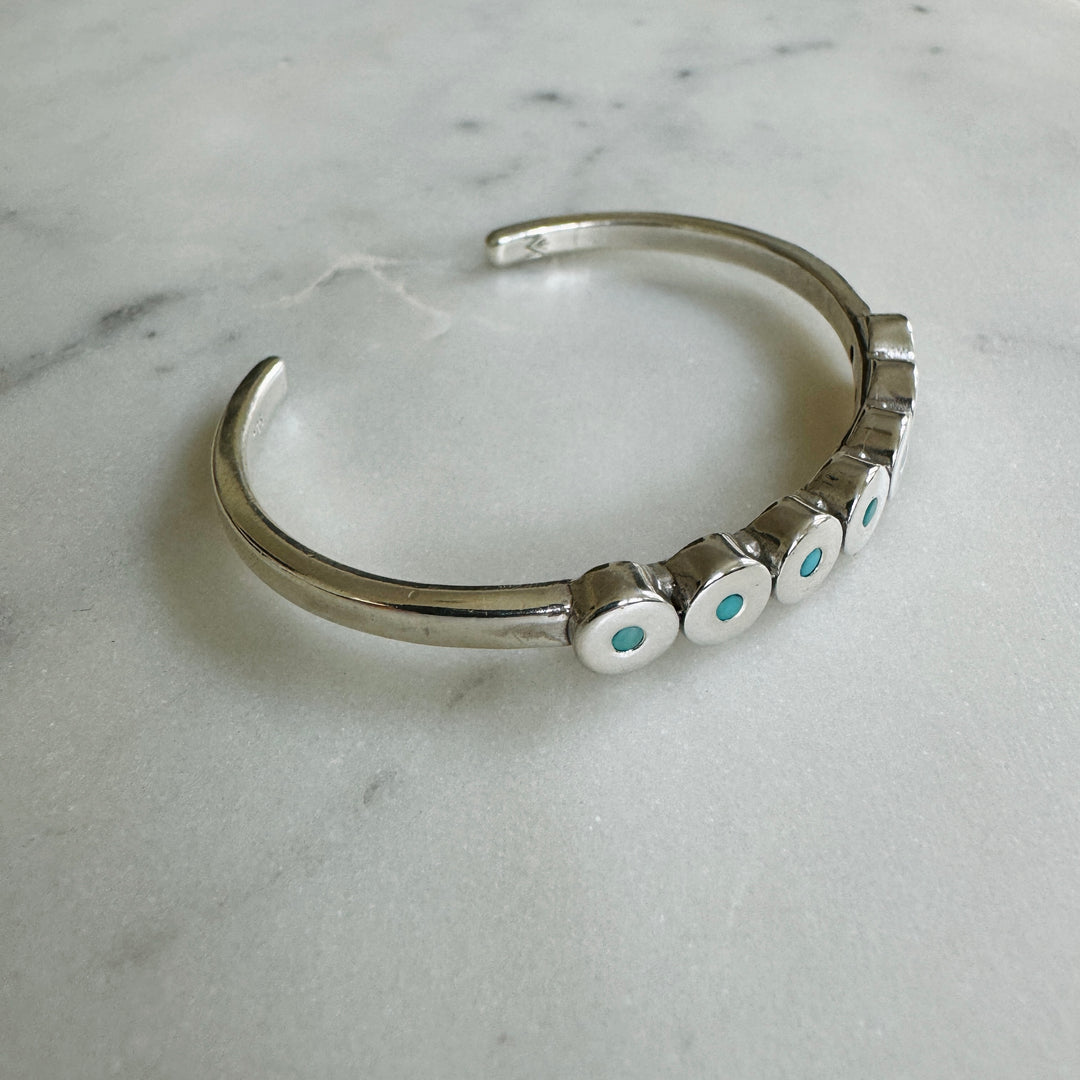 MIMOSA Handcrafted Minimal Circle Stone Cuff with Turquoise in Sterling Silver. 