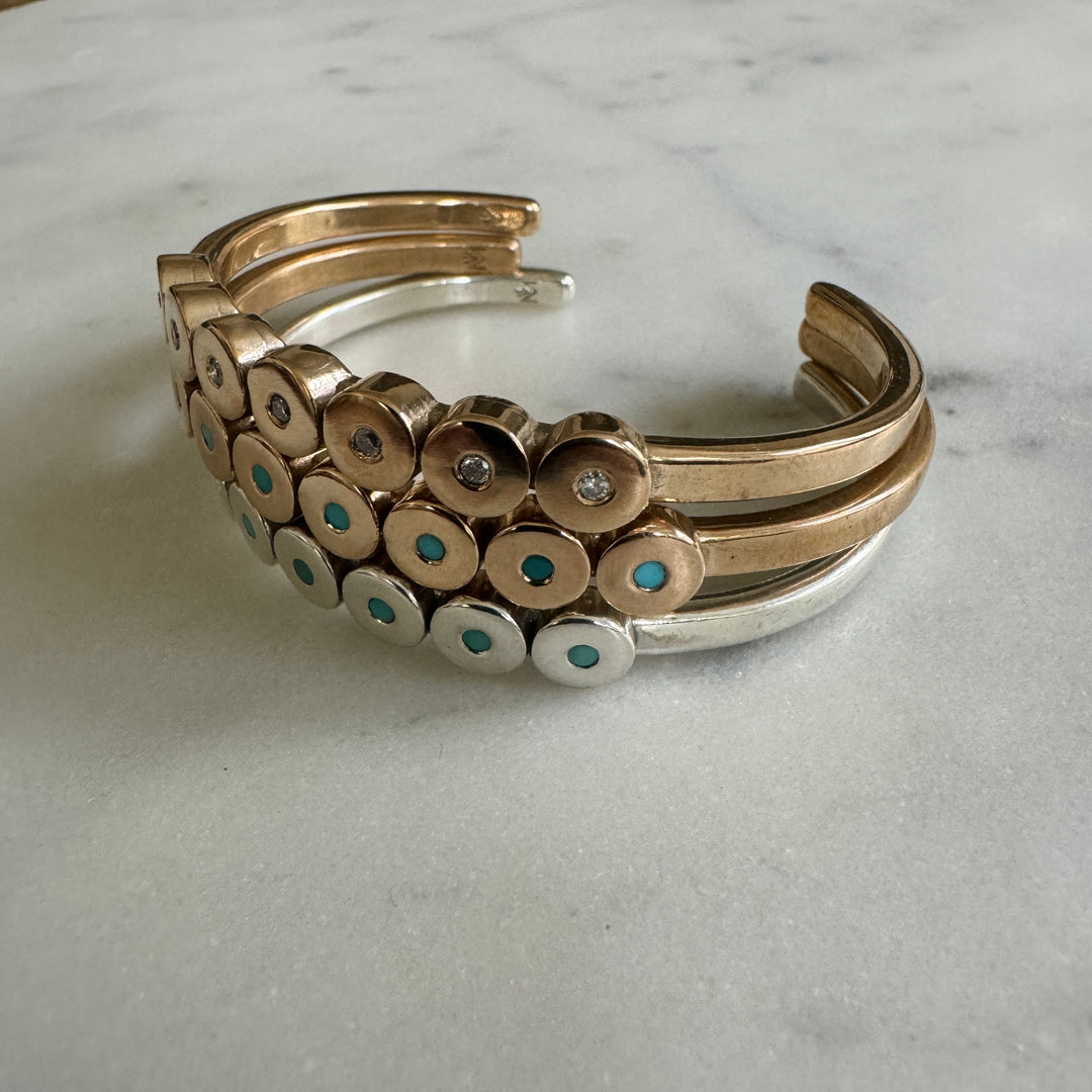 MIMOSA Handcrafted Minimal Circle Stone Cuff with Diamonds or Turquoise. Pictured here in Bronze and Sterling Silver. 