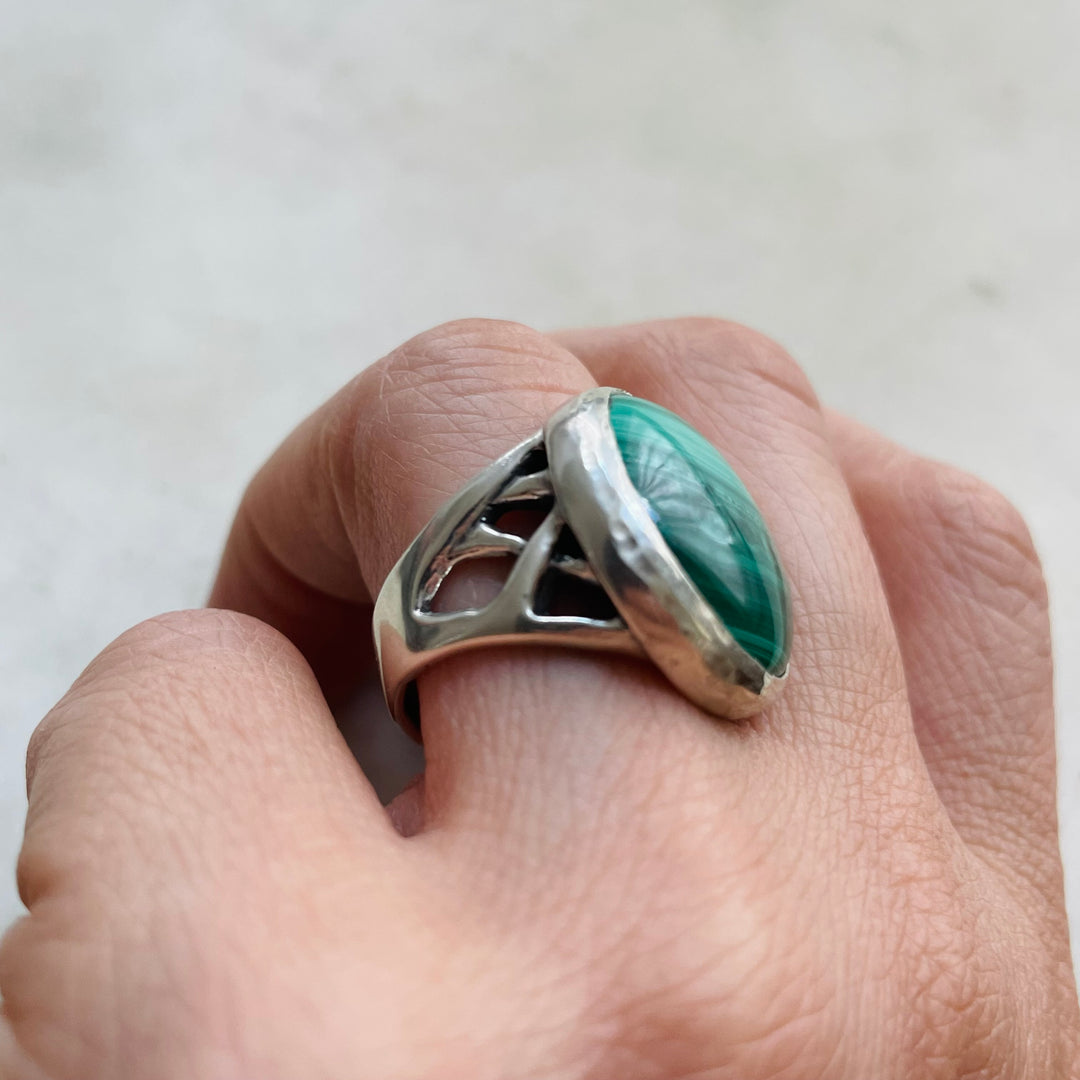 MIMOSA Handcrafted Silver Mother Tree Ring With Malachite