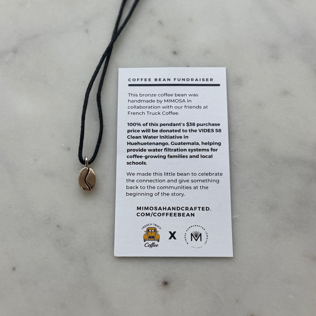 Bronze Coffee Bean Pendant on Black Cotton Cord from MIMOSA Handcrafted