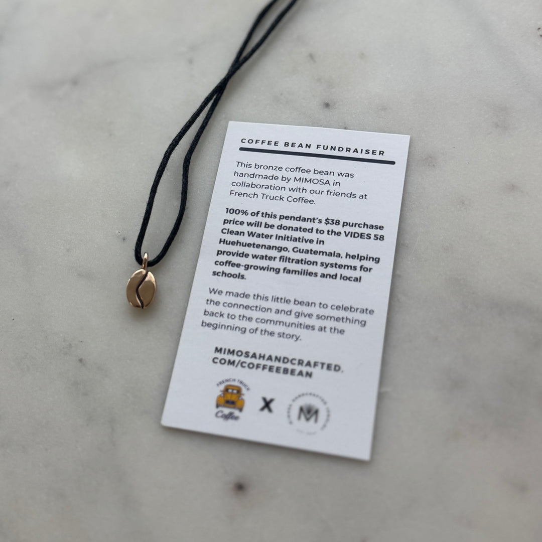 Bronze Coffee Bean Pendant on Black Cotton Cord from MIMOSA Handcrafted