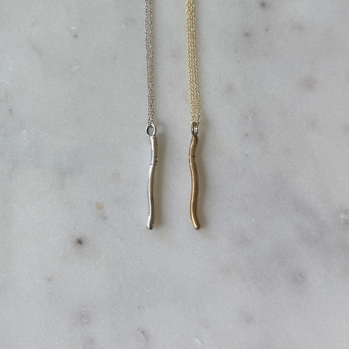 Earthworm Necklace in Bronze and Sterling Silver
