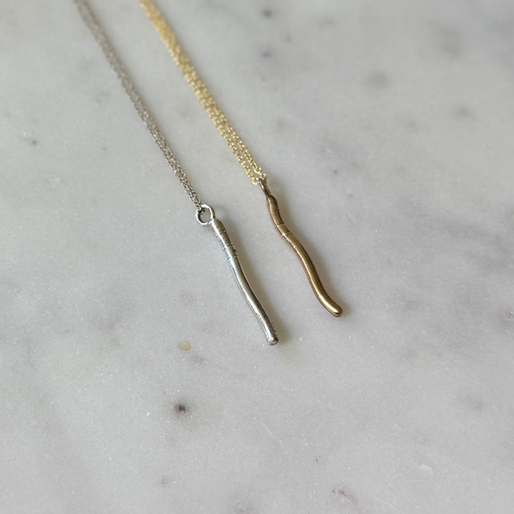 Earthworm Necklace in Bronze and Sterling Silver