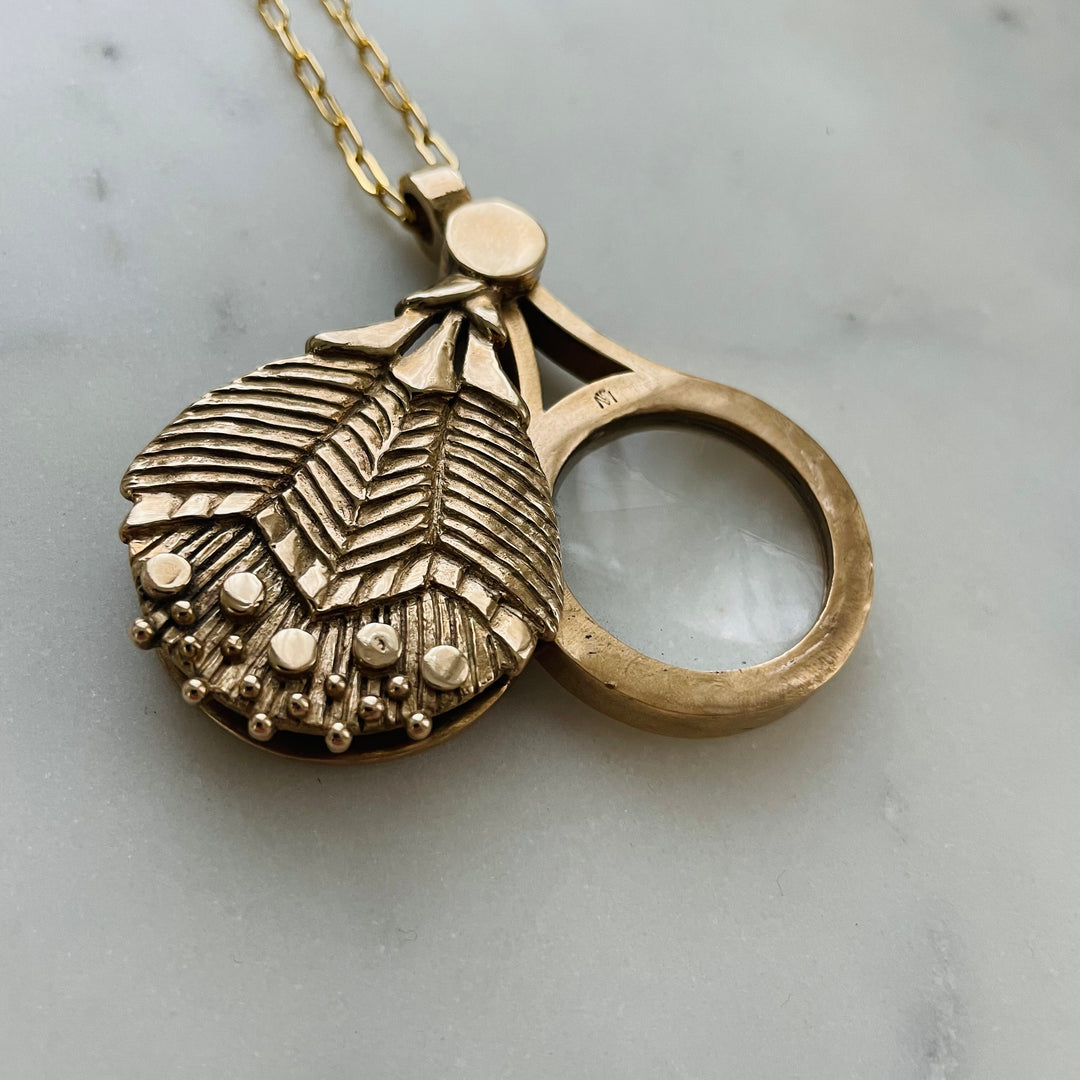 MIMOSA Handcrafted Bronze Wearable Loupe Necklace, Featuring Magnifying Lens