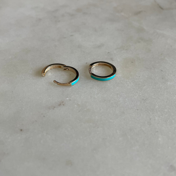 14K GOLD HOOPS — TURQUOISE ENAMEL EARRINGS