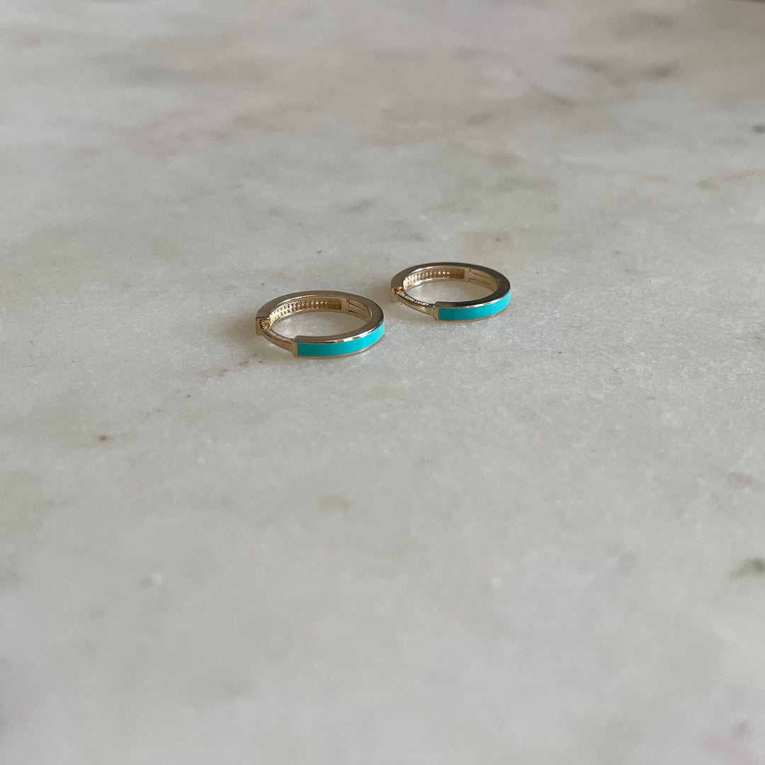 14K GOLD HOOPS — TURQUOISE ENAMEL EARRINGS