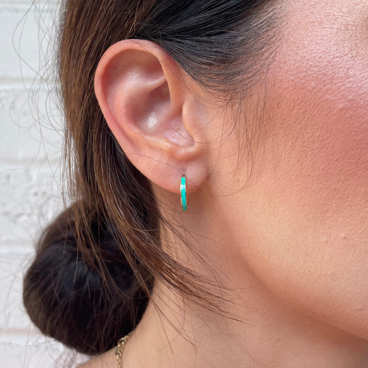 14K GOLD HOOPS — TURQUOISE ENAMEL EARRINGS