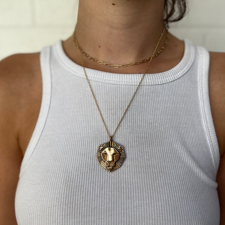 Woman Wearing Handcrafted Lion Pendant Necklace