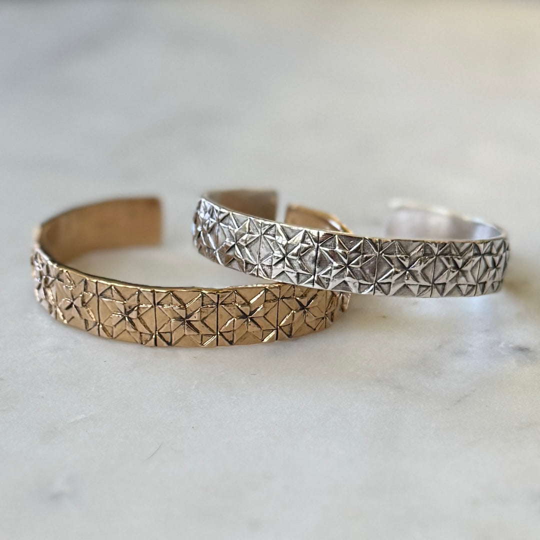 Handmade quilt square bracelets in bronze and sterling silver by MIMOSA Handcrafted