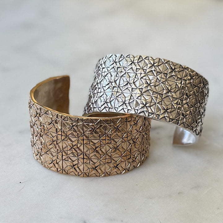 Handmade 3-row quilt bracelets in bronze and sterling silver