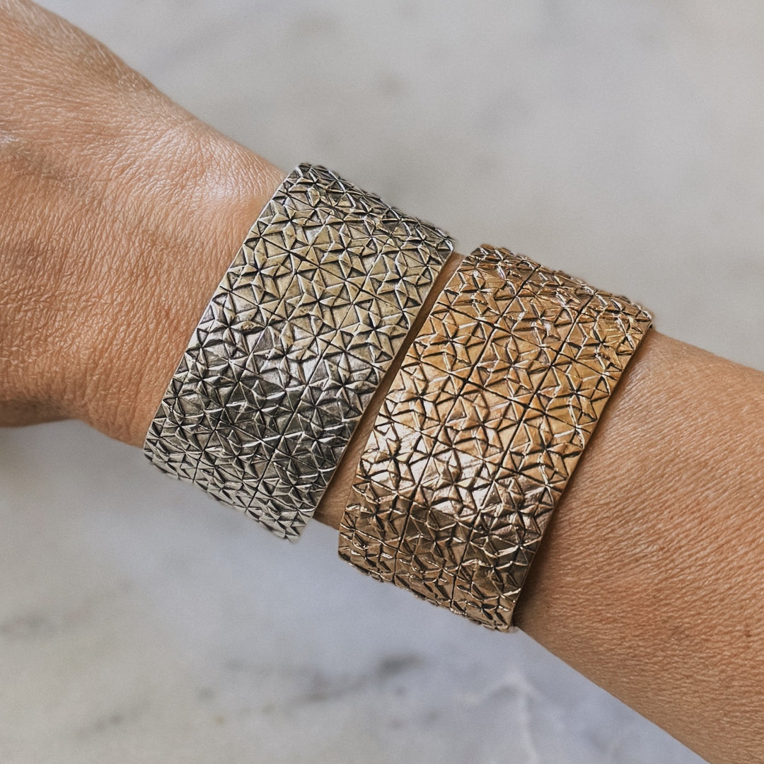 Handmade 3-row quilt bracelets in bronze and sterling silver