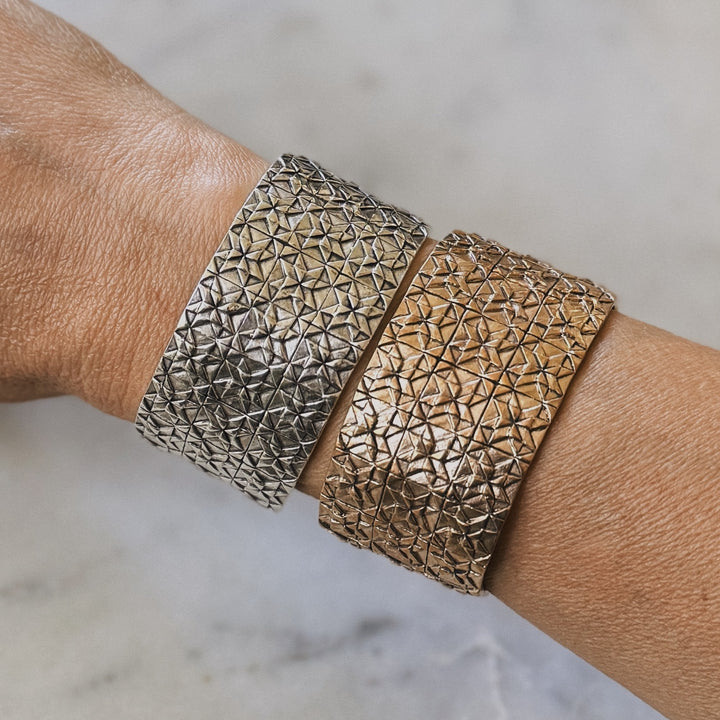 Handmade 3-row quilt bracelets in bronze and sterling silver