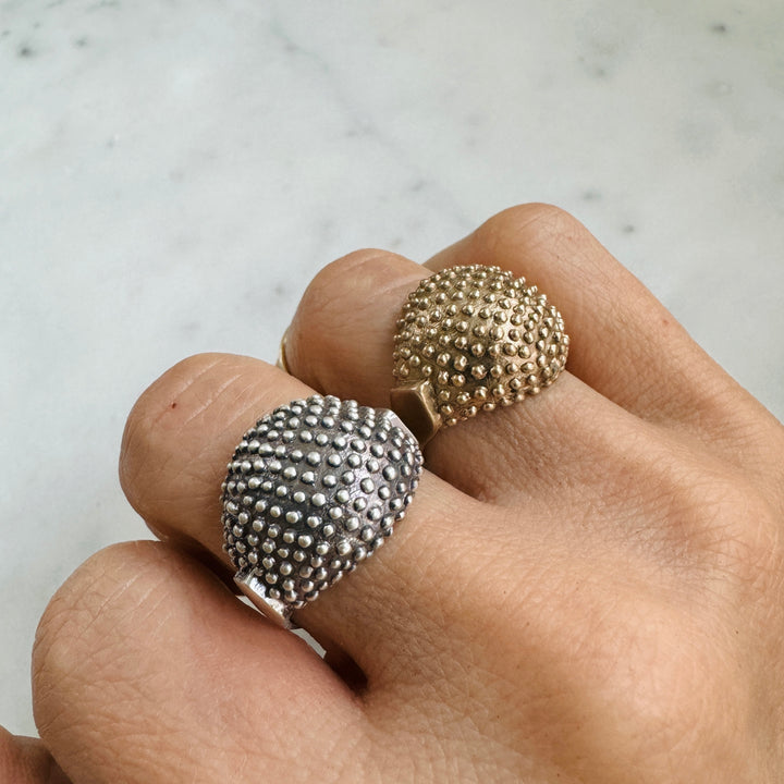 Woman Wears the MIMOSA Handcrafted Mock Strawberry Ring in Sterling Silver and Bronze