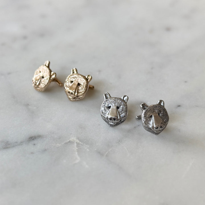 Two Pairs of Bear Head Shaped Cufflinks in Bronze and Sterling Silver