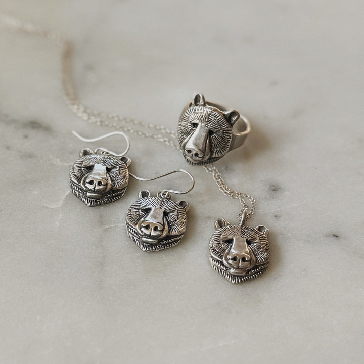 Sterling Silver Bear Head Jewelry, Including a Bear Ring, Bear Necklace, and Bear Earrings