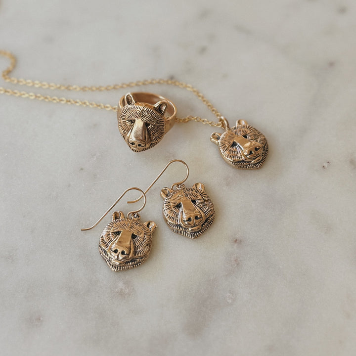 Bronze Bear Head Jewelry, Including a Bear Ring, Bear Necklace, and Bear Earrings